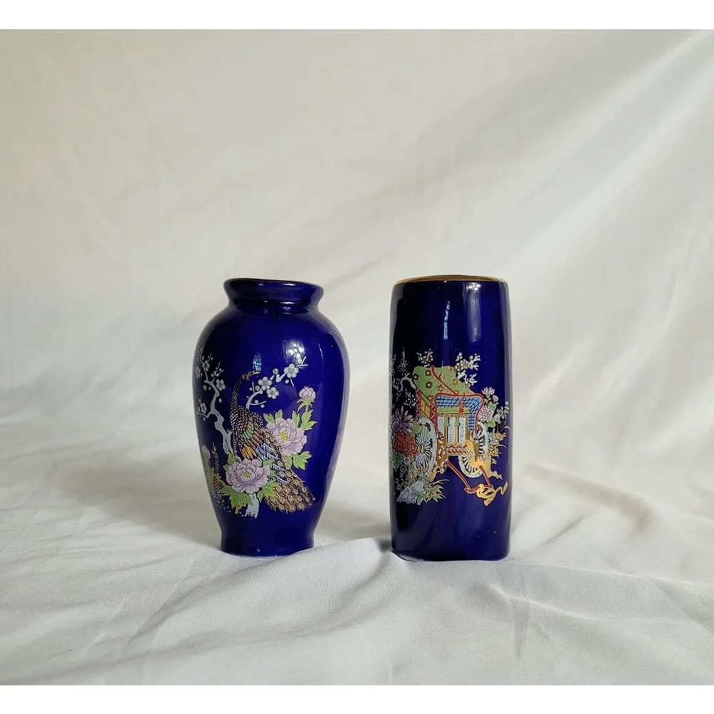 2 Vintage Miyako Mini Vases Cobalt‎ Blue W/ Gold Accents Floral & Peacock